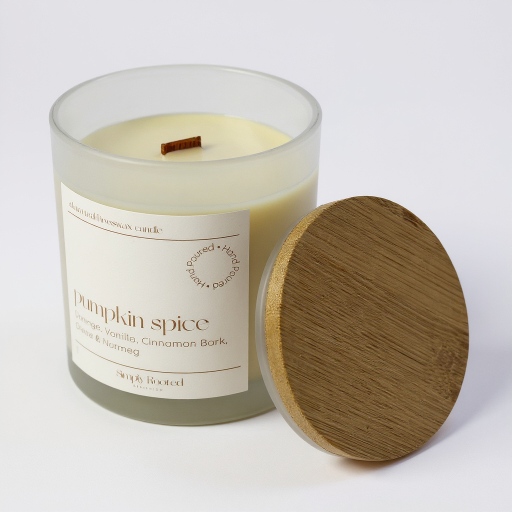 10 oz pumpkin spice beeswax candle with wooden lid on a white background